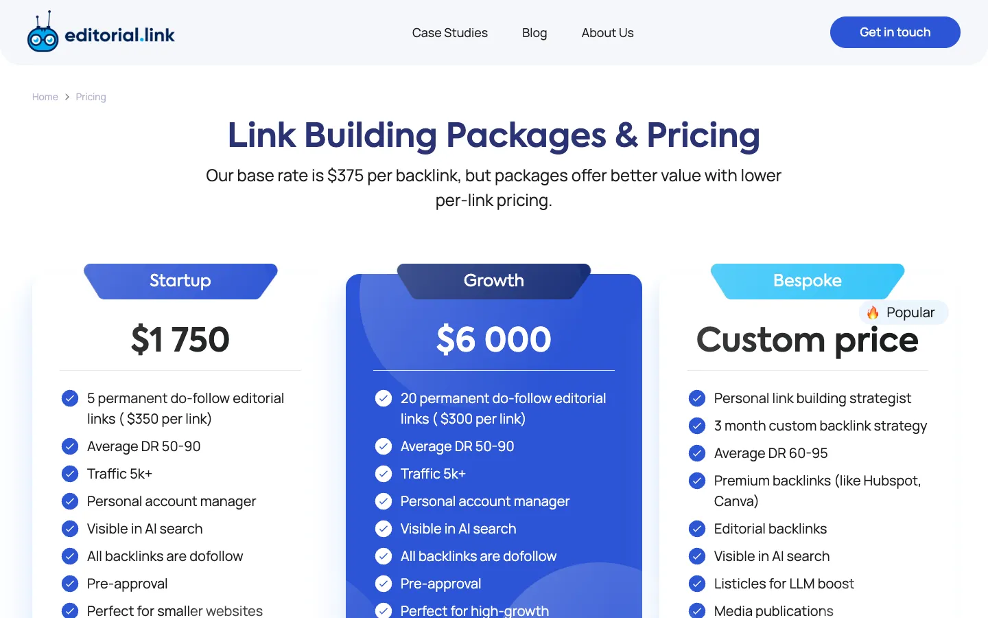Editorial.Link packages: Startup $1,750 for 5 links, Growth $6,000 for 20 links, Bespoke custom