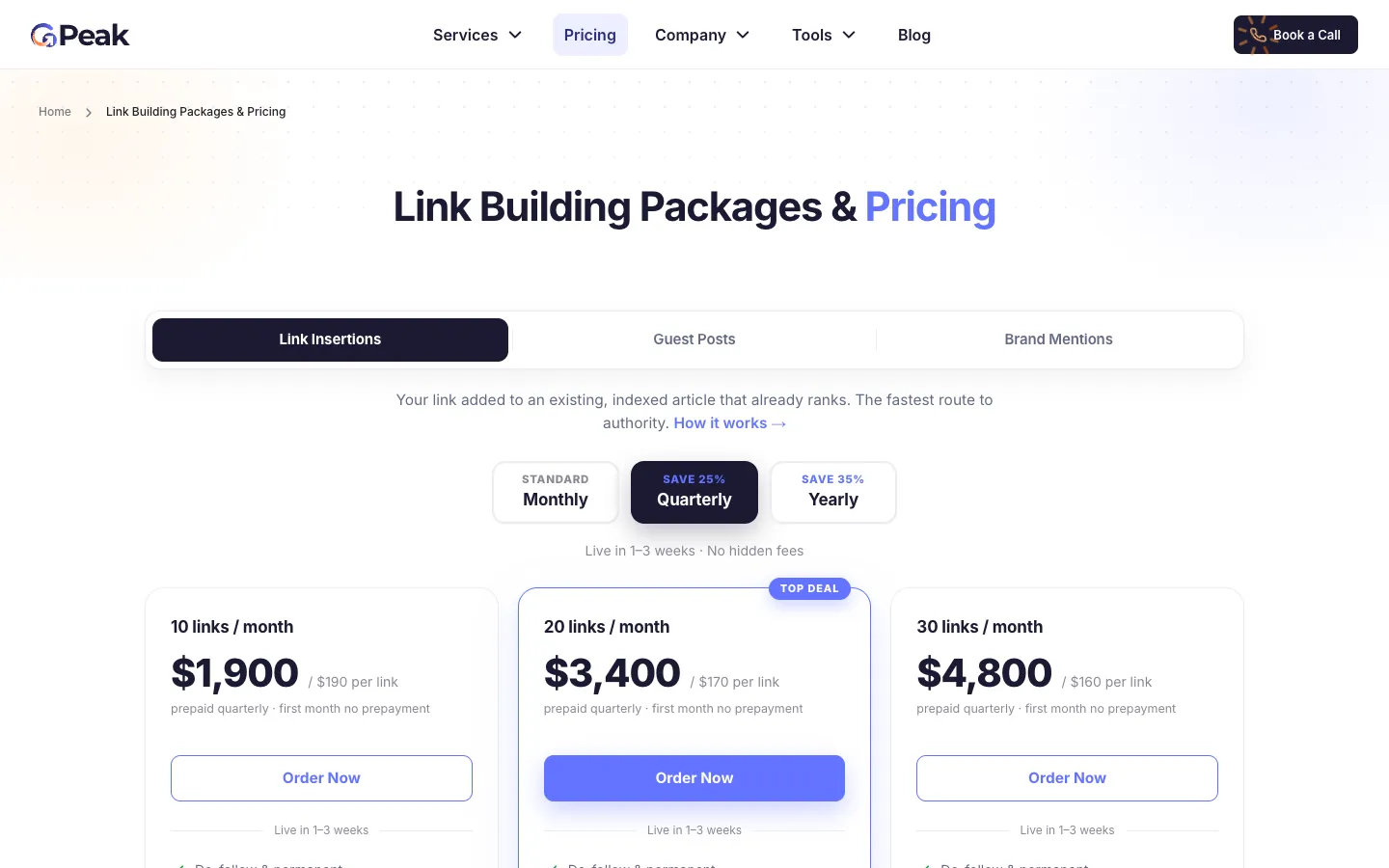 GoPeak link insertion packages: 10 links $1,900, 20 links $3,400, 30 links $4,800 a month