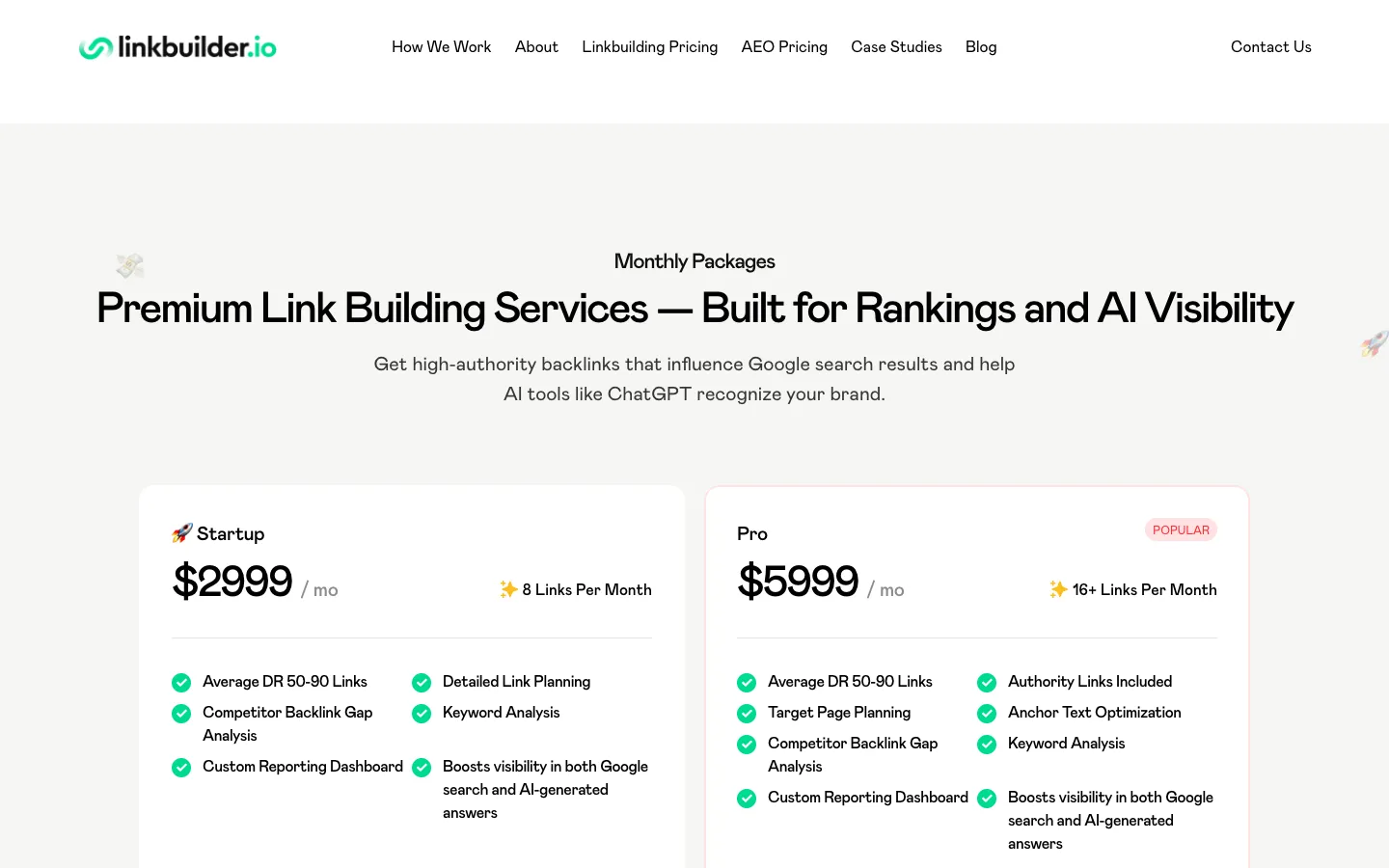 LinkBuilder.io monthly packages: Startup $2,999 for 8 links, Pro $5,999 for 16+ links