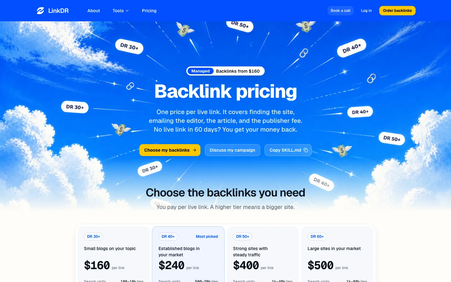 LinkDR backlink pricing page with tiers from $160 at DR 30+ to $500 at DR 60+