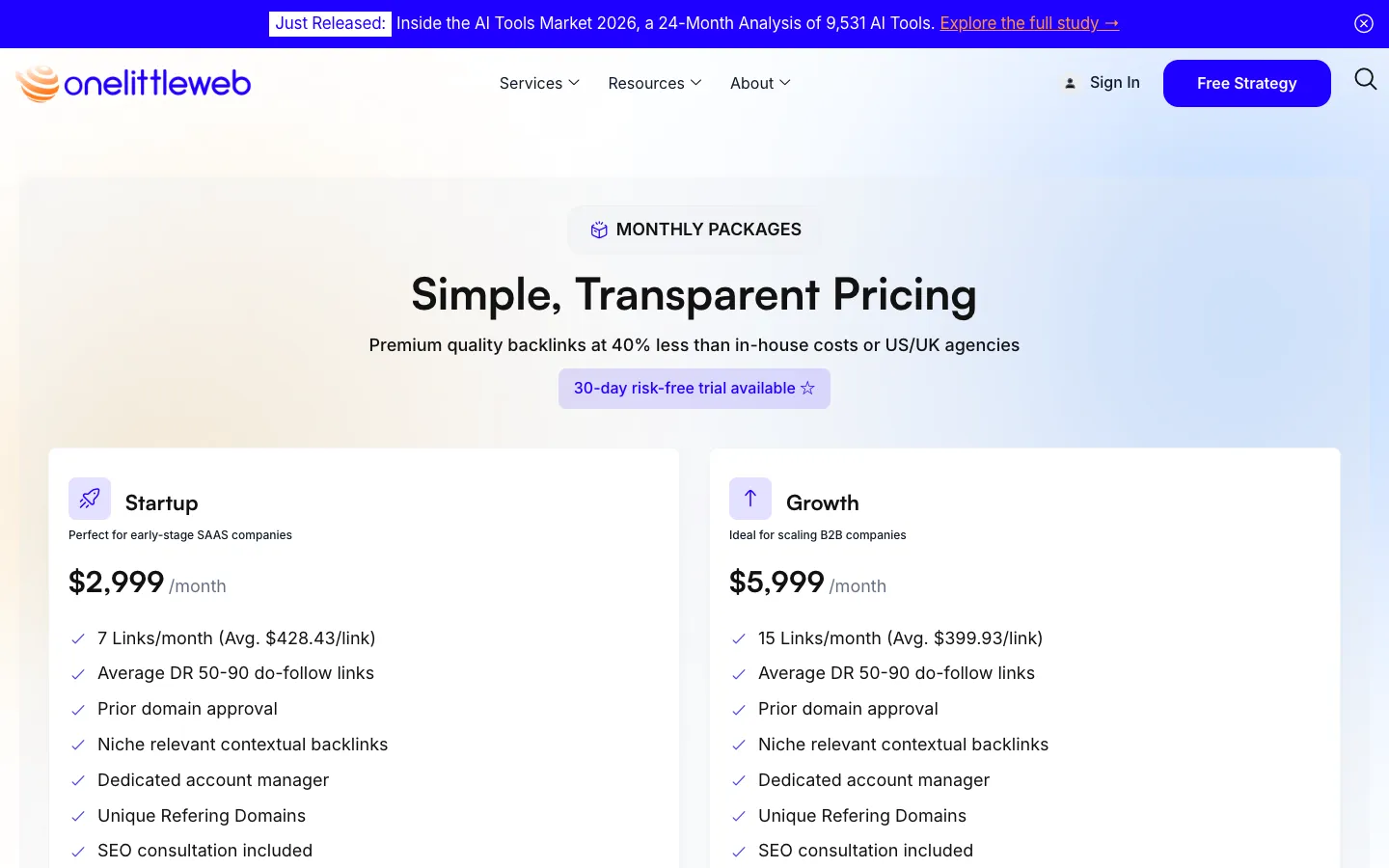 One Little Web monthly packages: Startup $2,999 for 7 links, Growth $5,999 for 15 links