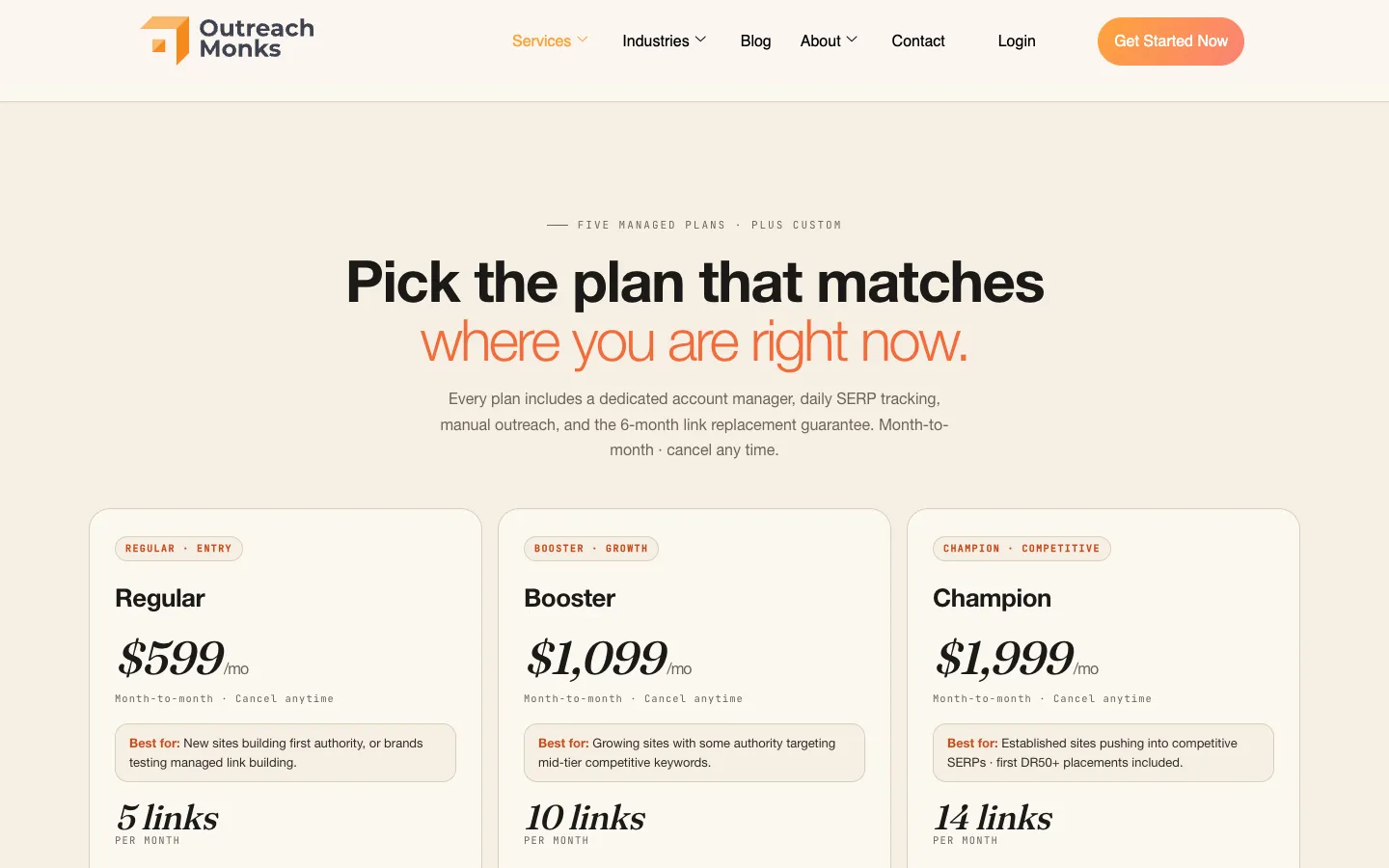 Outreach Monks monthly plans: Regular $599 for 5 links, Booster $1,099 for 10, Champion $1,999 for 14