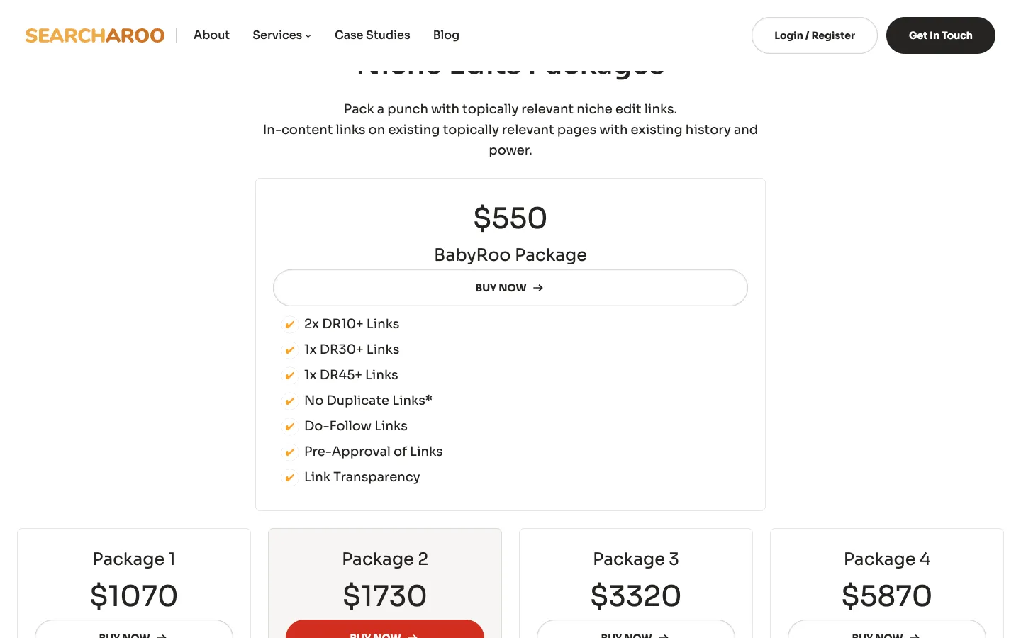 Searcharoo niche edit packages: BabyRoo $550, then $1,070, $1,730, $3,320 and $5,870